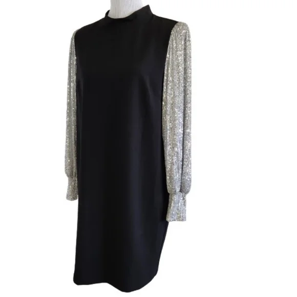 🆕️⬇️Nicole Miller Black Stretch Crepe Camille Dress With Sequin Puff Sleeves - Picture 9 of 15